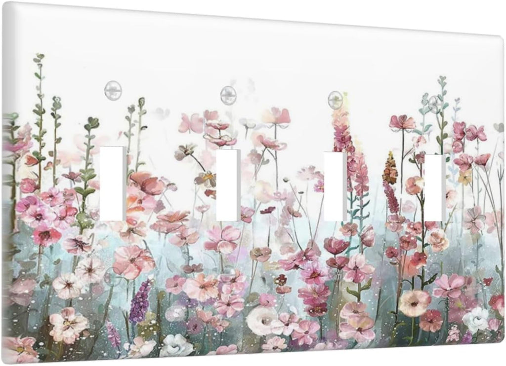 Colorful Flowers Pink Floral Watercolor Plant Light Switch Covers Quad Toggle Electrical Faceplate 4 Gang Wall Plate Decorative Switch Plates for Bed Room Living Room Decor