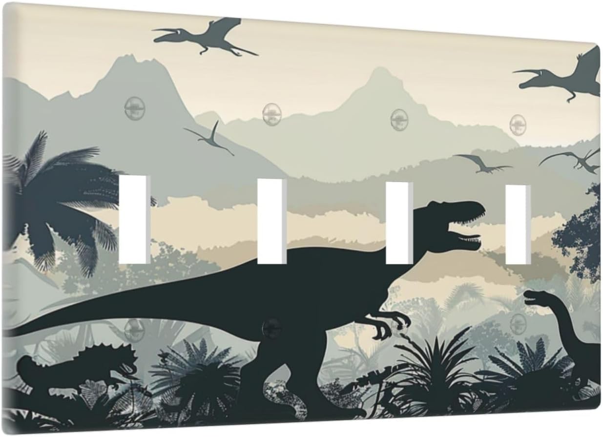 Light Switch Covers Prehistoric World Dinosaur Cartoon Fores Quad Toggle Electrical Faceplate 4 Gang Wall Plate Decorative Switch Plates for Kids Room Nursery Decor