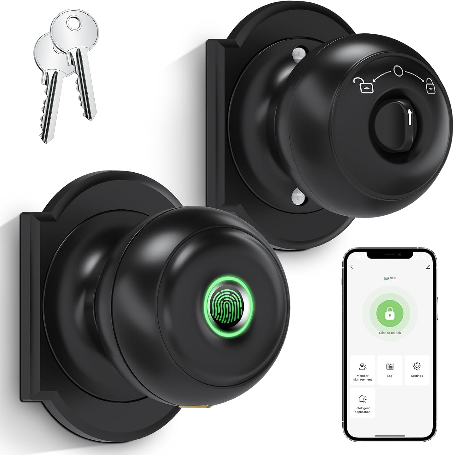 GeekTale Fingerprint Door Lock, Smart Lock with App, Biometric Door Lock, Thumbprint Door Knob, Smart Fingerprint Door Knob for Bedroom, Office, Apartment