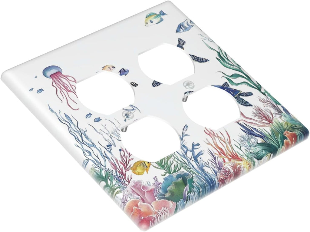 Blue Sea Turtle Ocean Fish Octopus Coral Outlet Covers 2 Gang Double Duplex Decorative Light Switch Covers Electrical Wallplates Socket Faceplate For Bathroom Kids Room Decor