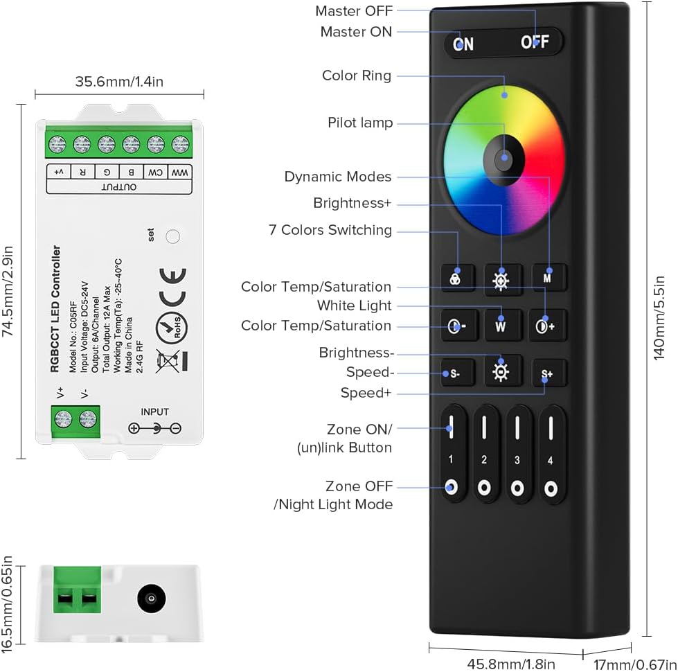 BTF-LIGHTING 5050SMD FCOB COB RGBCCT RF 2.4GHz Wireless Remote RC03RFB &4PCS C05RF Tuya Controller Kit 4 Zones Group Control PWM RGBWW (+ R G B C W) 6pin LED Strip DC5V DC12V DC24V