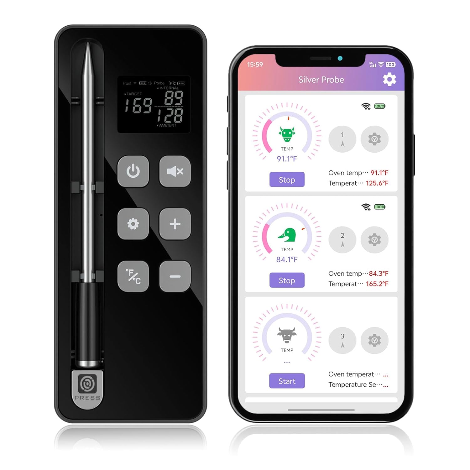 Smart Bluetooth Wireless Meat Thermometer with Display Base, NIST ±0.5°F Accuracy, 1000°F Heat-Resistant Ultra-Thin Probe, Long-Range 10X Sub-1G Signal, WiFi Range for BBQ, Grill, Oven & Smoker–Grey