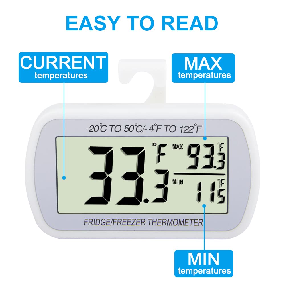 Waterproof Refrigerator Fridge Thermometer, Digital Freezer Room Thermometer, Max/Min Record Function Large LCD Screen and Magnetic Back for Kitchen, Home, Restaurants (1 Pack)