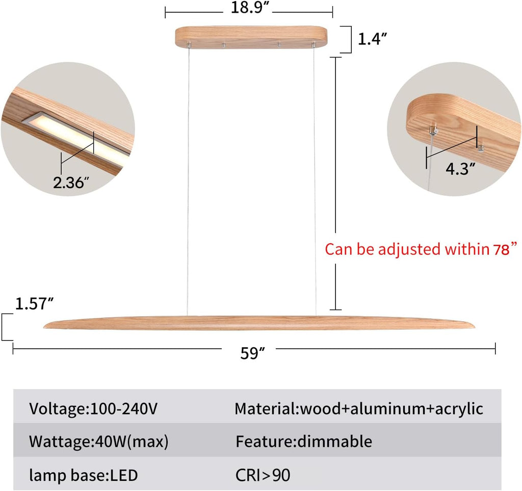 59" 40W Wood LED Linear Pendant Light Fixture Led Dining Room Light Dimmable Hanging Light Fixture for Dining Room Kitchen Island Pool Table Lights Natural Ash