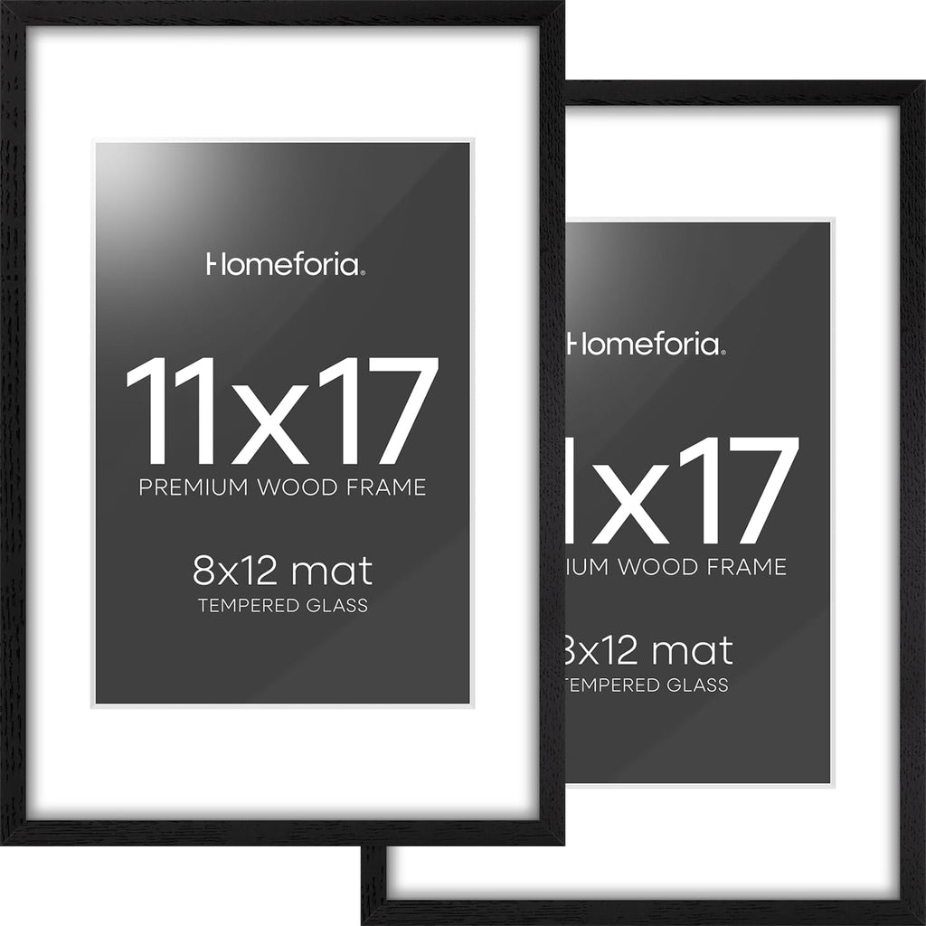 Homeforia 11x17 Picture Frame Black Wood, High End Oak 11x17 Poster Frames with Mat 8x12, 11 x 17 Wooden Frame Matted to 8 x 12 inch Photo, 17x11 Thin Hanging Frame, Tempered Glass, Wall Kit, Set of 2
