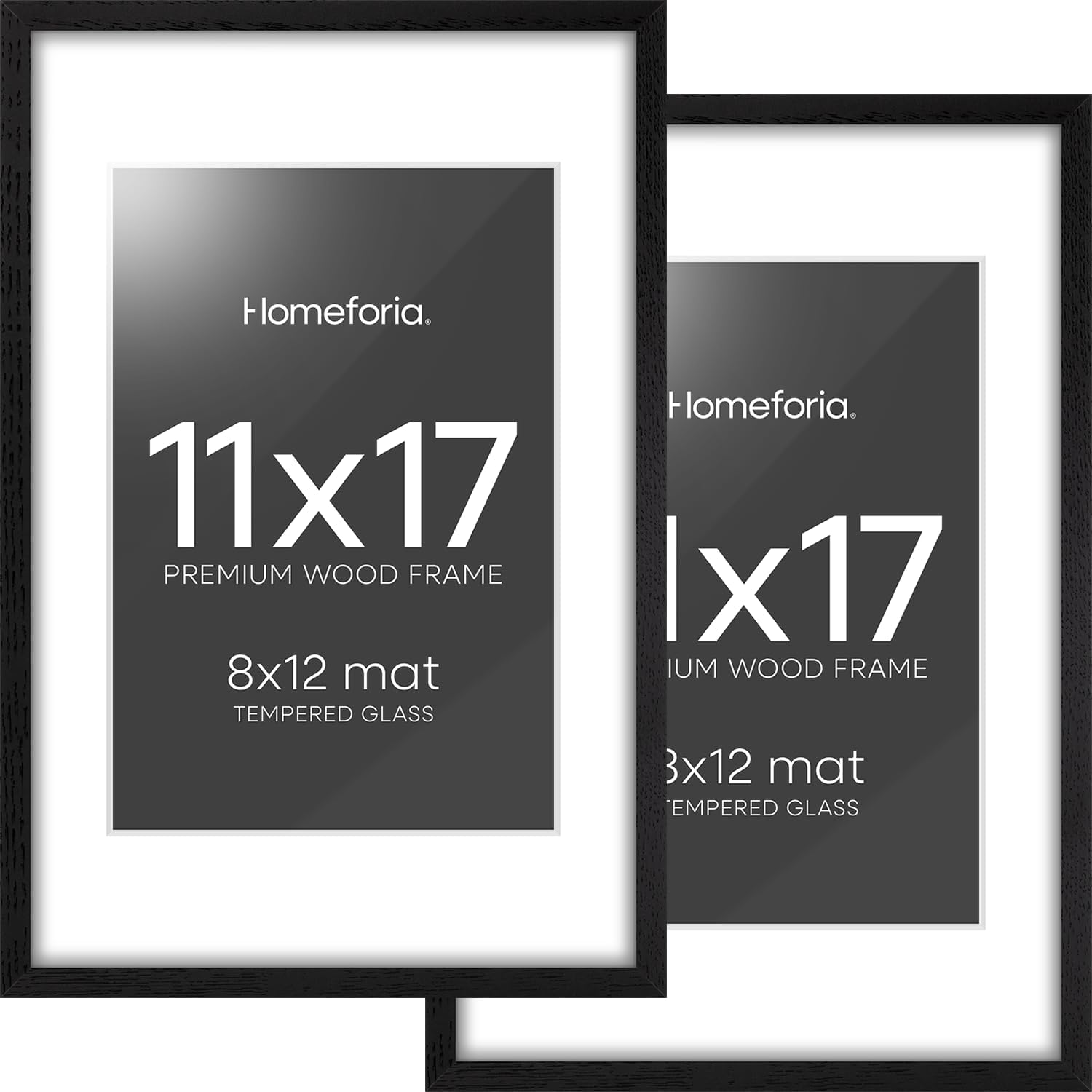 Homeforia 11x17 Picture Frame Black Wood, High End Oak 11x17 Poster Frames with Mat 8x12, 11 x 17 Wooden Frame Matted to 8 x 12 inch Photo, 17x11 Thin Hanging Frame, Tempered Glass, Wall Kit, Set of 2