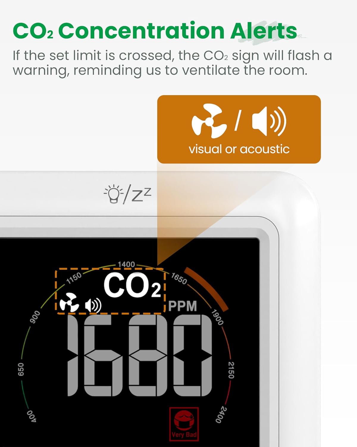 Newentor CO2 Monitor, Indoor Air Quality Meters, Carbon Dioxide Detector with Voice Alert, Large Display CO2 Tester, Temperature Humidity Sensor, Alarm Clock for Home, RV, Grow Tents, White