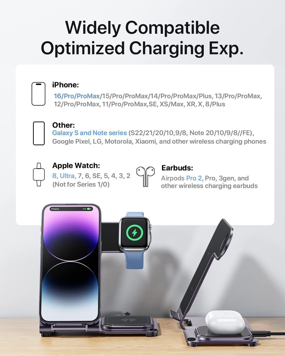 Intoval Metal Charging Station for iPhone 17/16/15/14/13/12/11/XS/XR/XS, 3 in 1 Wireless Charger for Apple Watch 11/Ultra 3/SE/10/9/8/7/6/5/4/3/2, for AirPods 4/Pro/Pro 2/3 (Y9,Purple)
