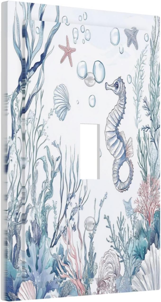 Decorative Light Switch Cover Ocean Coral Seahorse Seashell Starfish 1 Gang Single Toggle Device Electrical Faceplate Switchplates Decorator Outlet Wall Plate For Bathroom Home Decor