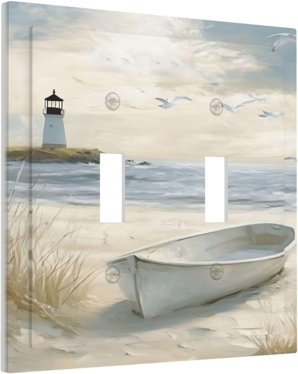 Decorative Light Switch Plate Covers Seascape Painting with Lighthouse Boats 2 Gang Wall Plate Unique Double Toggle Double Light Switch Covers for Bedroom Home Decor （2 Pack）