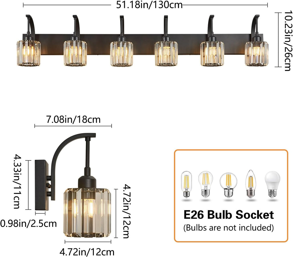 6-Light Crystal Vanity Light, Black Modern Wall Sconce with K9 Crystal Shades, 51.18" Long Over Mirror Lighting for Bathroom, Makeup, Hallway, Elegant & Easy Install