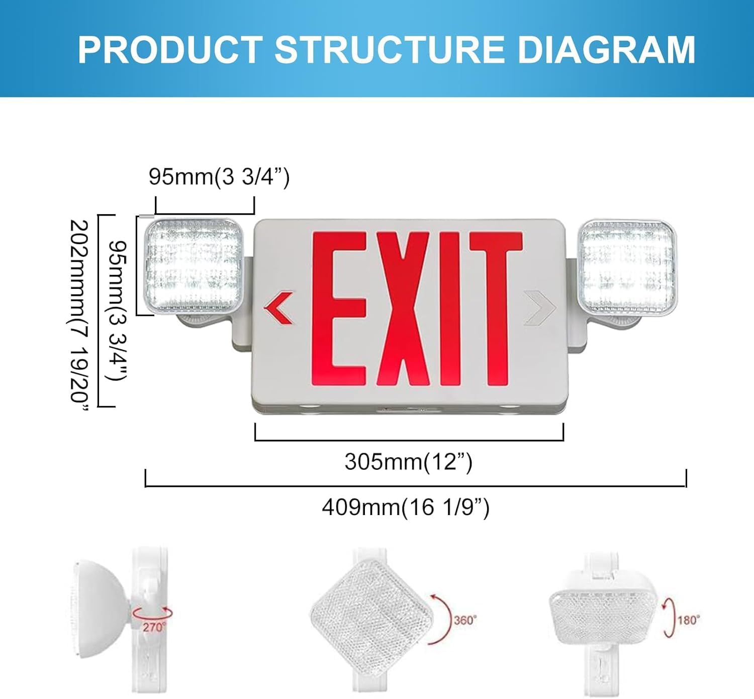 Double Sided LED Emergency EXIT Sign, Exit Combo Remote Capable, 2 LED Lights, Backup Battery, US Standard Red Letter, Commercial Grade, 120-277V, FireResistant(UL 94V-0) - 4 Pack
