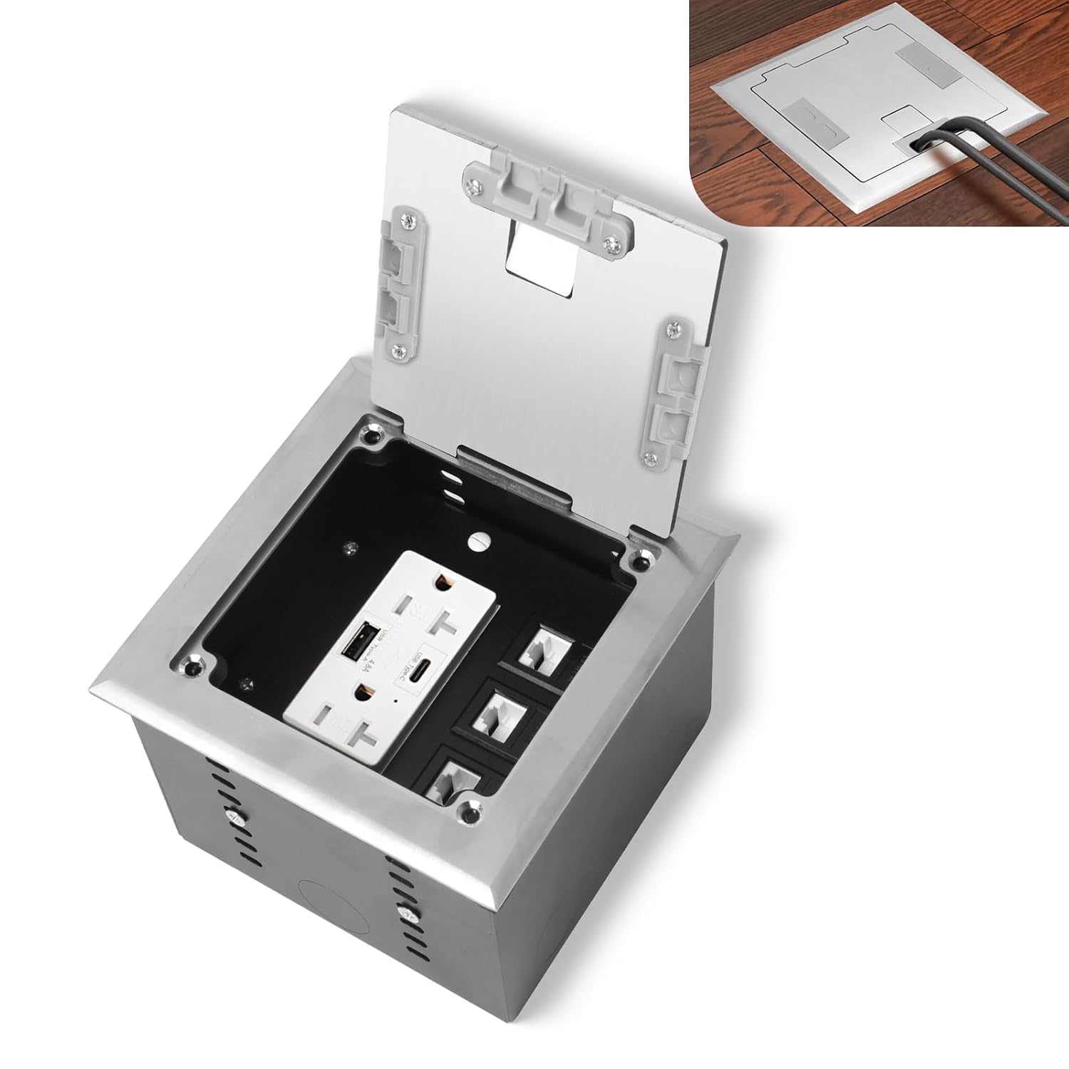 KYHSHJ Recessed Flat Hidden Socket Kit with 2 * 20A Receptacle，4.8A 1 USB-A Ports &1 USB-C Port+3-Port RJ45 Datacom Receptacle.Internal Height Adjustable，Corrosive Resistant Hardware,Silver