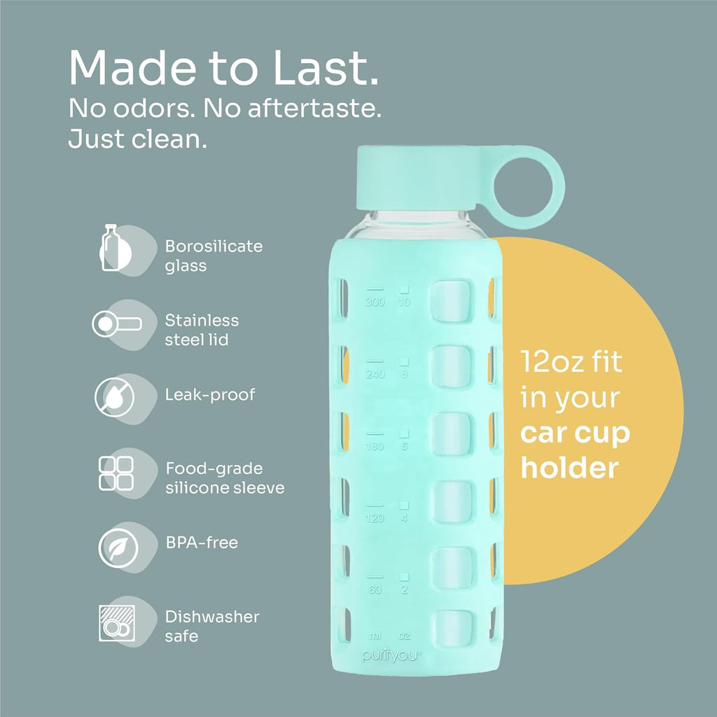 purifyou 40oz / 32oz / 22oz / 12oz Borosilicate Glass Water Bottle with Time & Volume Markers, Silicone Sleeve, Stainless Steel Lid | Reusable Glass Bottle for Water & Juice (12oz Glow-in-the-Dark)