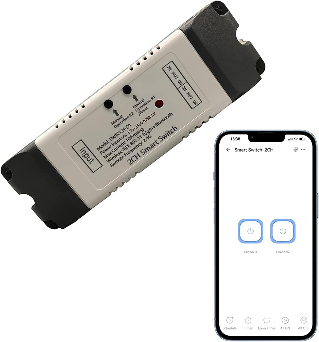 2 Channel EWelink Wireless Switch with Enclosure WiFi Switch Module Remote Control DIY Smart Home Bluetooth Relay 5V/AC85V-250V Power Input Compatible with Alexa Google Home