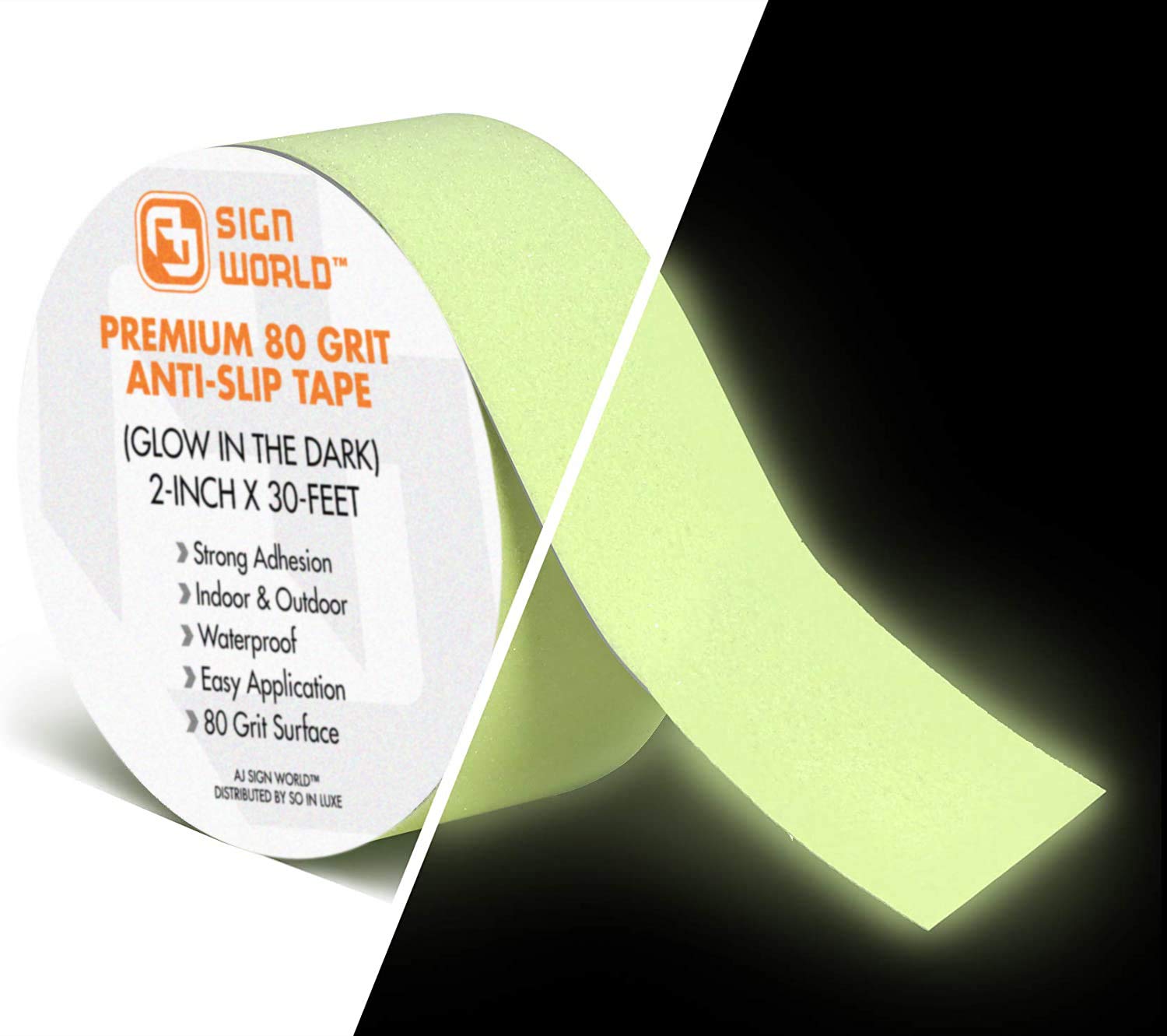 Best Anti-Slip Grip Tape, Glow in The Dark, 2" x 30 FT, 80 Grit, Industrial Grade, Indoor, Outdoor, Weatherproof (2-Inch x 30 Feet Roll)