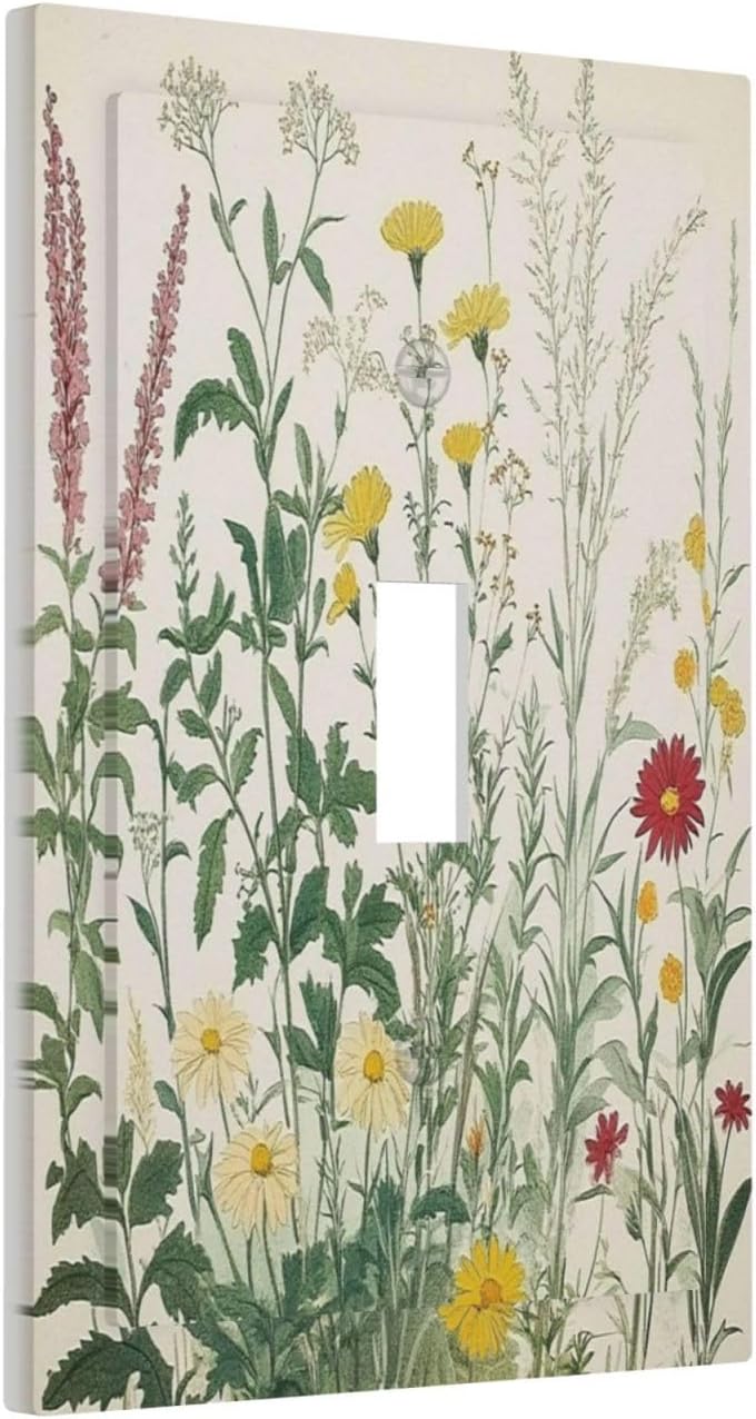 Rustic Wildflower Green Plants Daisy Floral Decorative Light Switch Cover 1 Gang Single Toggle Device Electrical Faceplate Switchplates Decorator Outlet Wall Plate For Farmhouse Bed Room Decor