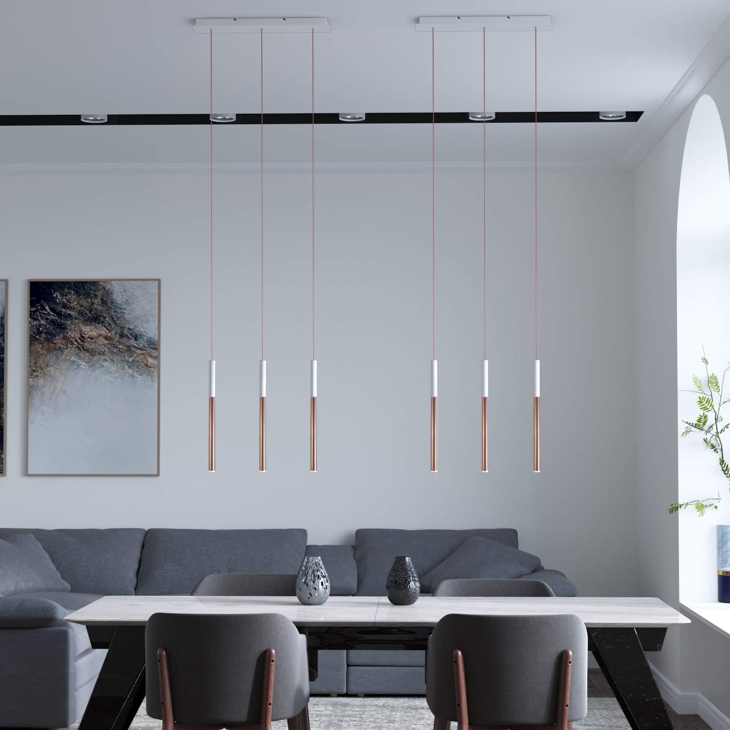 ALTAIR 3 Mini Pendant Lighting White-Copper - LED Hanging Light Fixture for Kitchen Island, Bar, Foyer - Cluster Pendants - Dimmable, Adjustable Wire, Lamp Bulb Included