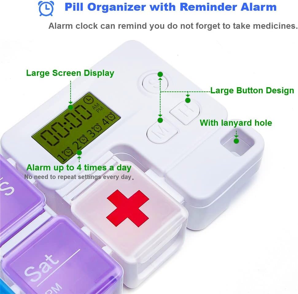 7 Day Medicine Pill Organizer, 4 Reminder Alarms, Loud Sound, 14 Large Compartments, Large Screen, Moisture-Proof, Travel Weekly/Daily Pill Box/Organizer/Case/Container/Dispenser, AM/PM 2 Times a Day
