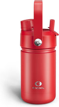 Kids Insualated Water Bottle with Straw - 12oz Stainless Steel Water Bottle with Dual Spouts, Leak-Proof, BPA-Free, Double Wall Vacuum Keeps Cold for 24 Hours for Sports, Travel (Medium Carmine)
