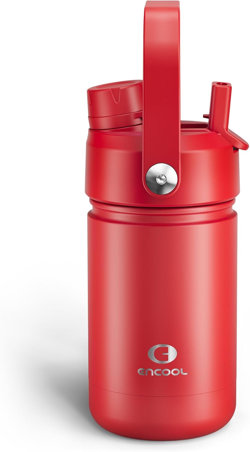 Kids Insualated Water Bottle with Straw - 12oz Stainless Steel Water Bottle with Dual Spouts, Leak-Proof, BPA-Free, Double Wall Vacuum Keeps Cold for 24 Hours for Sports, Travel (Medium Carmine)
