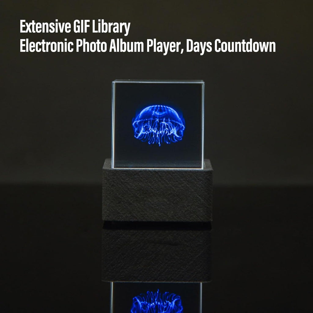 LED Holographic Crystal Cube, 3D Photo Display Smart Weather Digital Clock with GIF Animation Library, for Desk Car Decoration Home Office