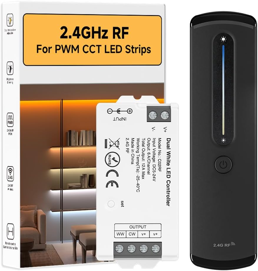BTF-LIGHTING RC08RFB & C02RF Dual White RF 2.4GHz Wireless Tuya Controller Kit Dim Brightness/Color Temperature,Touch Slide Control for PWM (+ CW WW) 3PIN SMD FCOB CCT LED Strip DC5V DC12V DC24V
