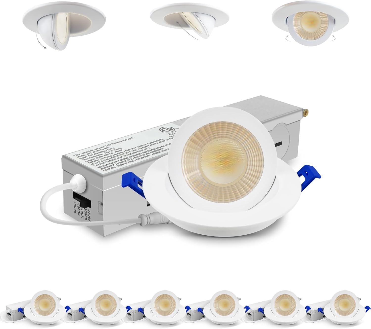 Adetu 2 Inch 5CCT Gimbal Led Recessed Lighting with Junction Box, 360°+90° Adjustable Recessed Can Lights, 2700K/3000K/3500K/4000K/5000K Selectable, 5W Eqv 50W, 550LM Brightness - ETL (White,6 Pack)
