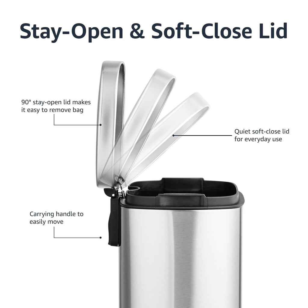 Amazon Basics Smudge Resistant Mini Rectangular Trash Can With Soft-Close Foot Pedal, Brushed Stainless Steel, for Bathroom & small space, 5L/1.32 Gal, 7.3x8.5x11.8 in, Satin Nickel Finish