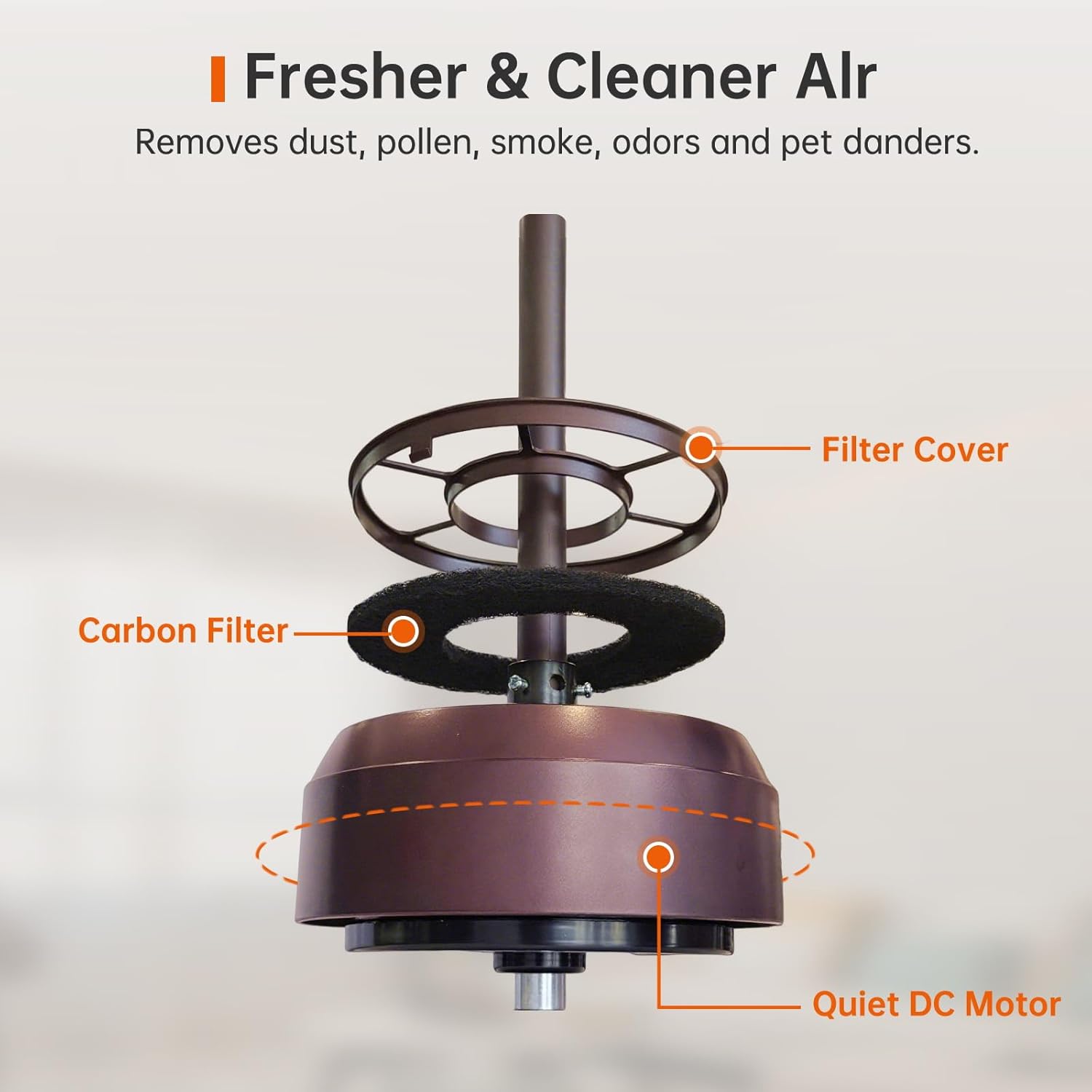 reiga 65 Inch Walnut Wood Ceiling Fan with Lights and Remote Control, Quiet Reverse DC Motor, High Airflow, Timer Function, and Built-in Air Purifier Coconut Carbon Pads for Home