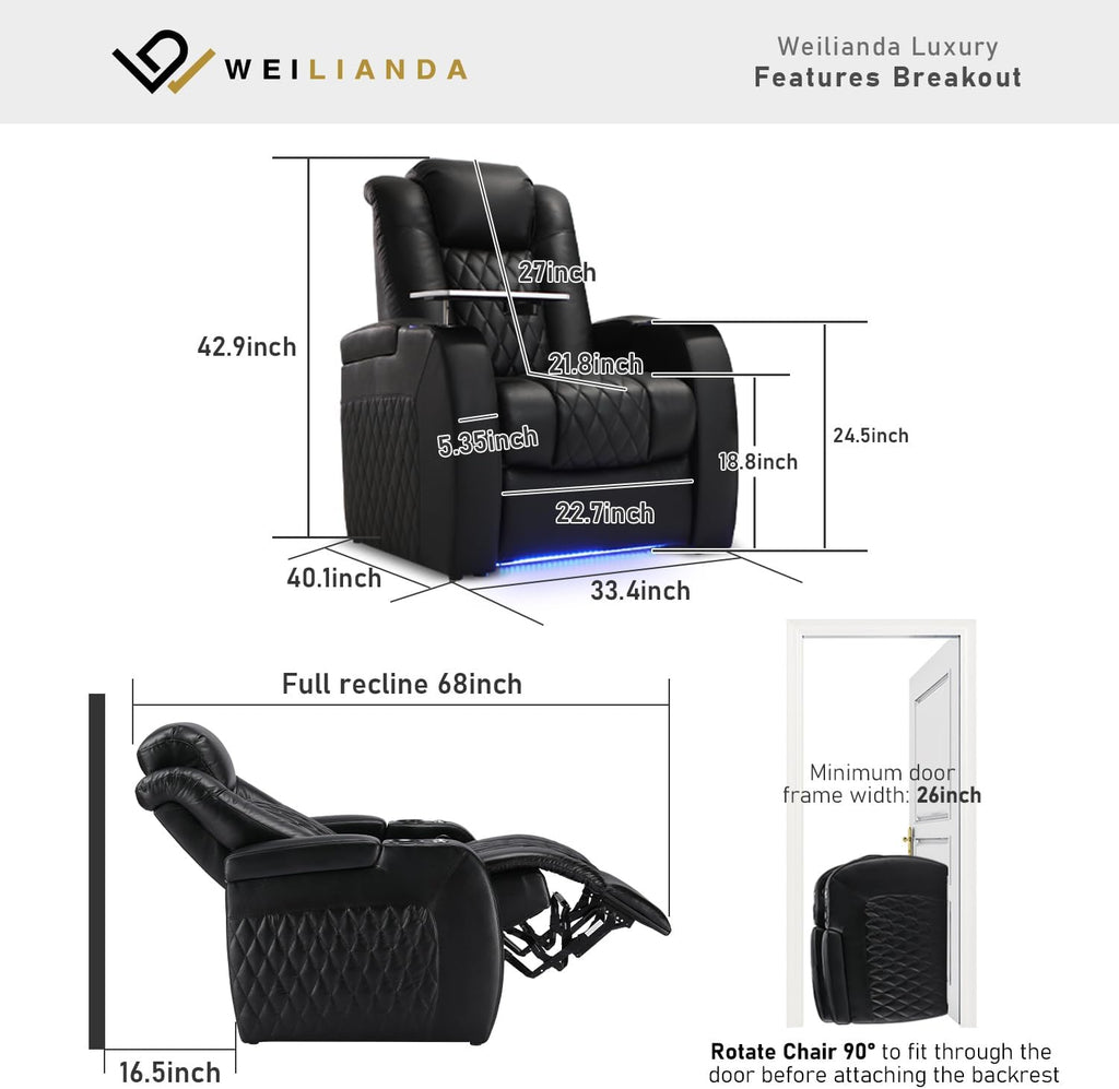 Weilianda Home Theater Seating Top Grain Leather Recliner Chair Power Headrest and Recline Movie Seats Gaming Sofa with Tray Table Type-C USB Charge Cup Holders Row of 1 Black