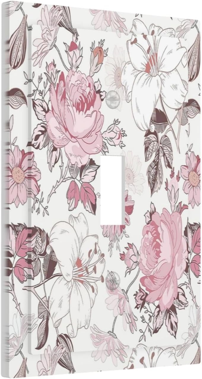 Decorative Light Switch Cover Modern Watercolor Flower Pink White Wildflower 1 Gang Single Toggle Decorator Outlet Wall Plate Device Electrical Faceplate Switchplates for Bedroom Home Decor