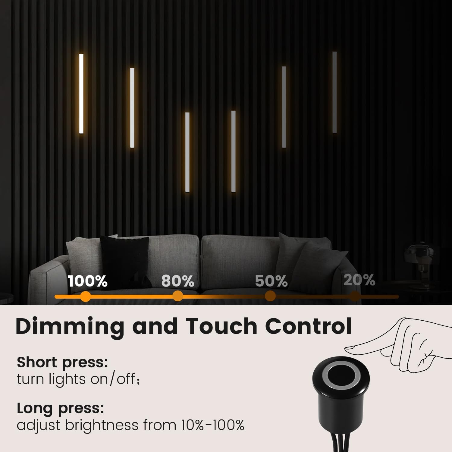 Wall Led Lights - GloryAir 6pcs Black 3000K Warm White Led Panel Light Strips, Self-Adhesive Dimmable Touch Switch Wall Slat Lights for Wood Slat, Fluted Panel, Bedroom Headboard