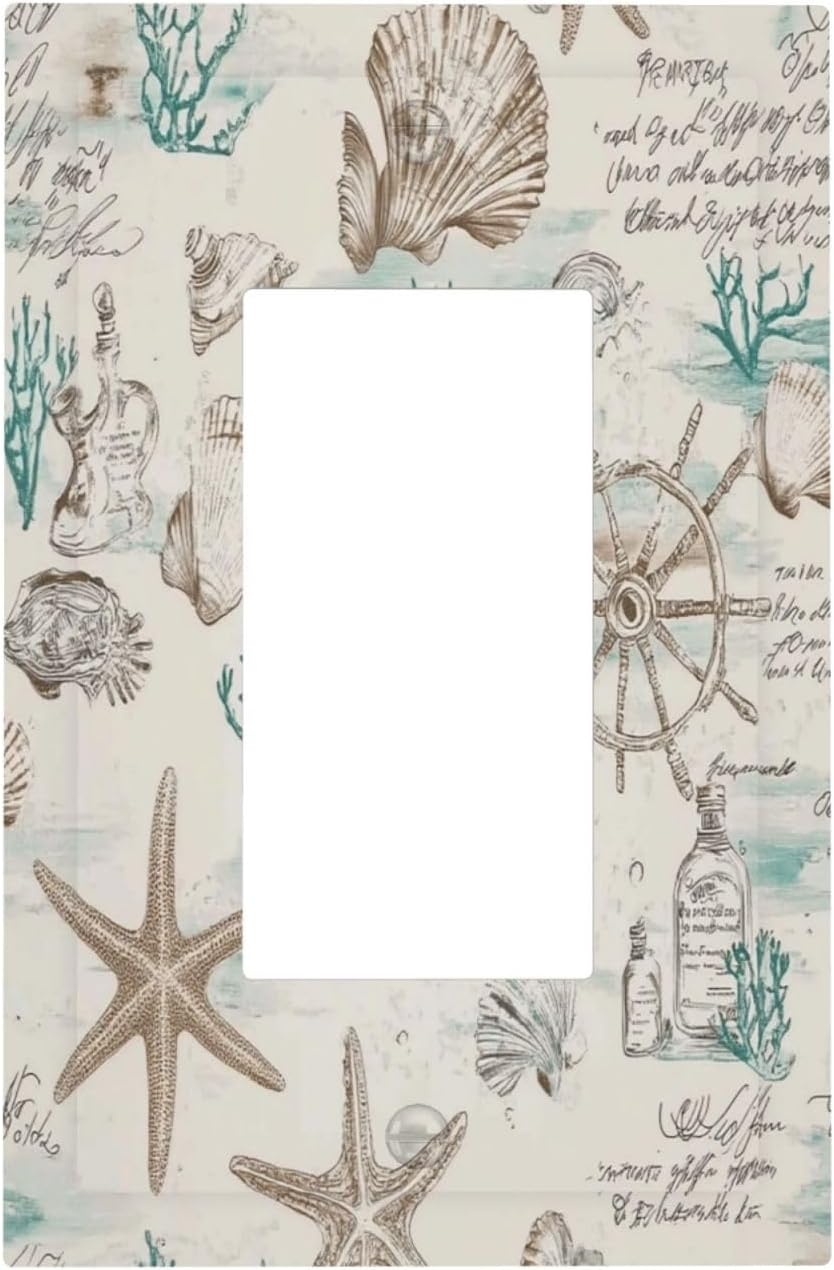Mid Century Seashells Starfish Compass Decorative Outlet Covers 1 Gang Single Rocker Light Switch Cover Plate Wall Plates Gfci Faceplate For Nursery Kids Room Decor