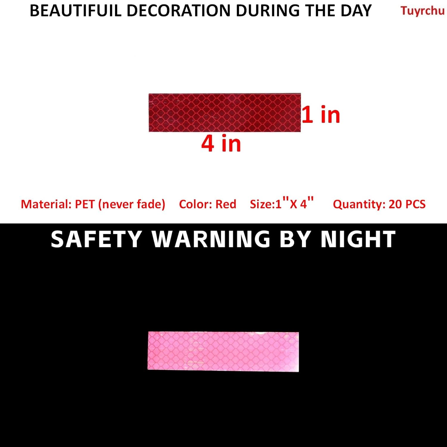 Non Fading Red Reflective Stickers 1 inch X 4 inch, Outdoor Waterproof High Visibility Warning Safety Adhesive Reflector Tape (20 Pcs)