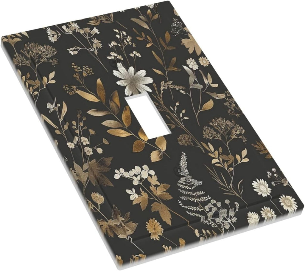 Decorative Light Switch Cover Black Gold Floral Dark Leaves Vintage Flowers 1 Gang Single Toggle Device Electrical Faceplate Switchplates Decorator Outlet Wall Plate for Bed Room Home