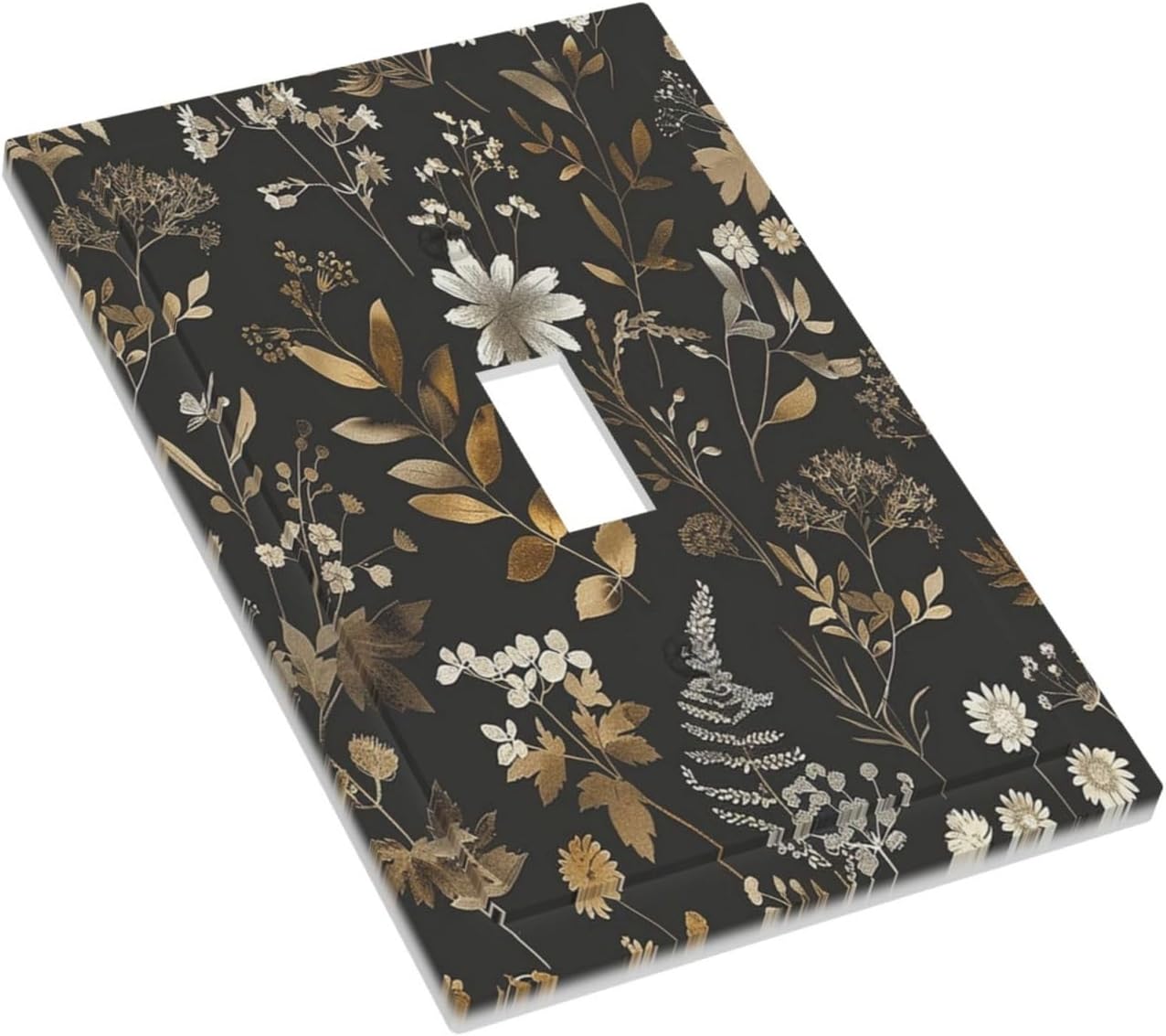 Decorative Light Switch Cover Black Gold Floral Dark Leaves Vintage Flowers 1 Gang Single Toggle Device Electrical Faceplate Switchplates Decorator Outlet Wall Plate for Bed Room Home