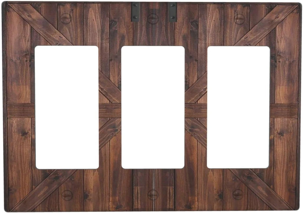 Decorative Outlet Covers Vintage Brown Farmhouse Barn Door 3 Gang Light Switch Cover Plate Triple Rocker Wall Plates for Electrical Outlets Switch Plate Covers for Bedroom Home Decor
