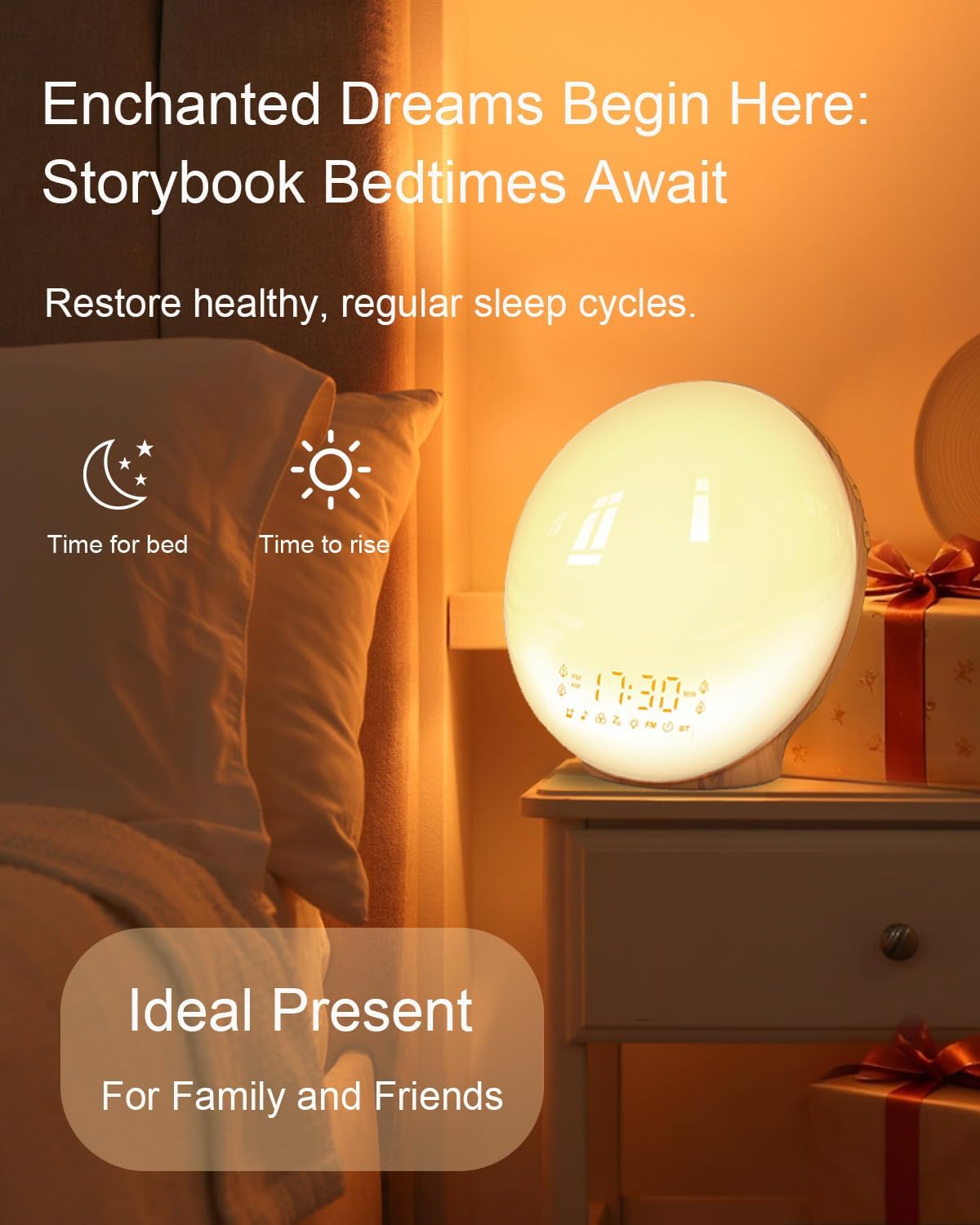 Smart APP Sunrise Alarm Clock with 4 Alarms & Natural Sounds for Heavy Sleepers, App No Signup, Wake Up Light, 11 Night Ligh, Sleep Aid 7 White Noise Machines & FM, Wireless Speaker (Wood Grain, 1PCS)