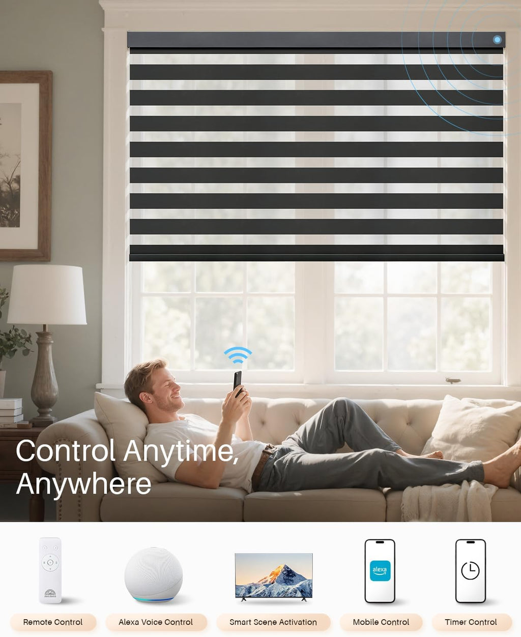 Smart Zebra Blinds for Windows, Alexa Motorized Blinds with Remote Control, Automatic Electric Power Zebra Shades for Indoor Windows (42" W x 72" H, Black)