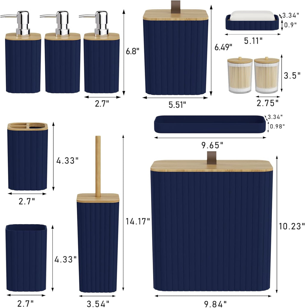 Bathroom Accessory Set - Navy Blue Bathroom Set, 12PC Bathroom Accessories Set, Blue Bathroom Accessories Set, Mini Trash Can, Toilet Brush, Trash Can & Soap Dispenser