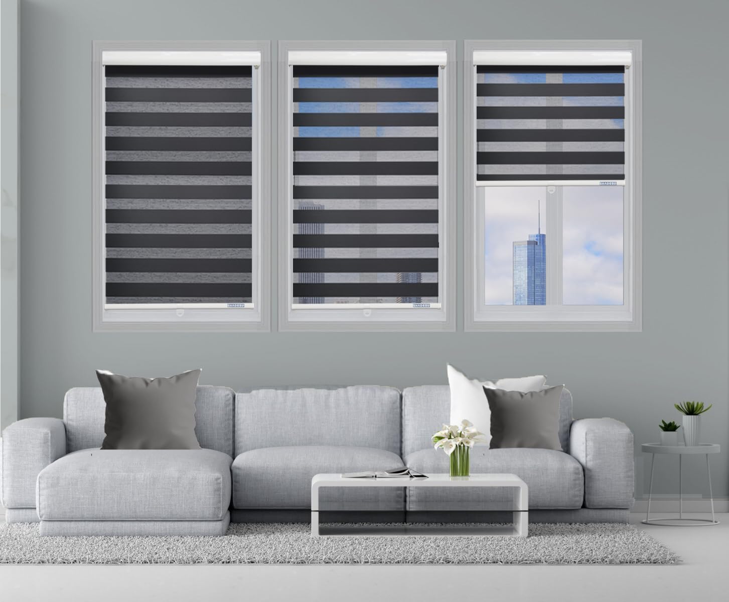 ShadesU Cordless Zebra Blinds – Light Filtering Dual-Layer Window Shades for Privacy (Black Color) (Maximum Height 72") (Width 29.5")