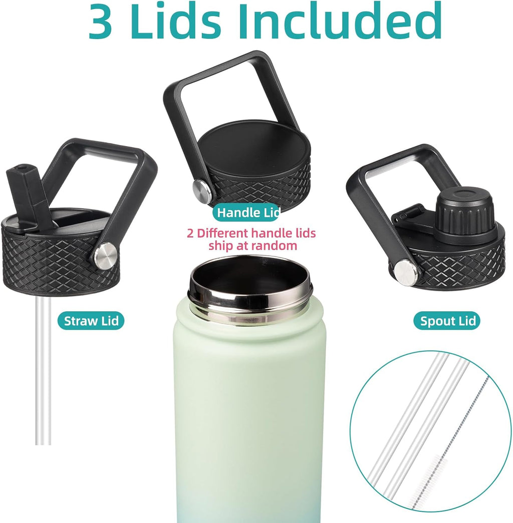 Insulated Water Bottle 24oz Stainless Steel Sport Bottles with 3 Lids,Mint