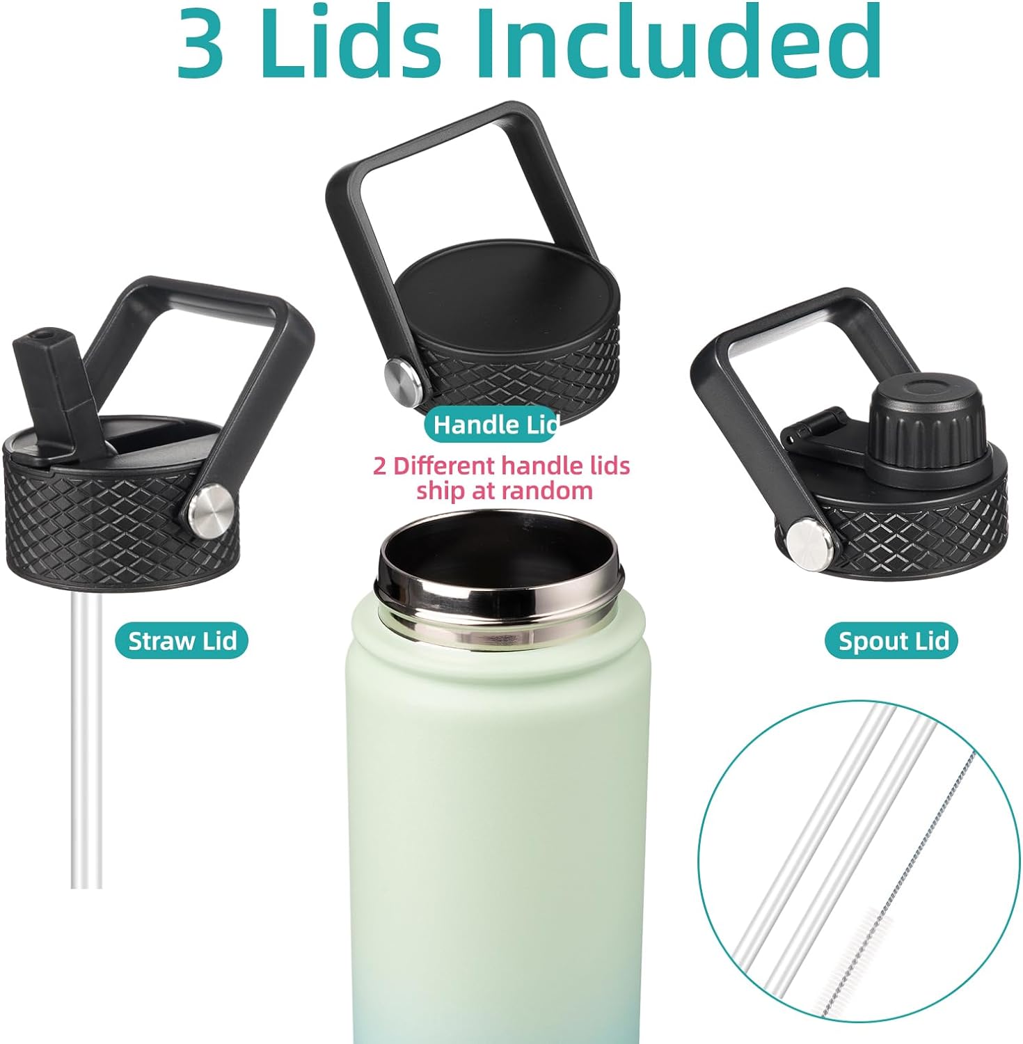 22oz Stainless Steel Bottles with 3 Lids Sport Insulated Water Bottle,Mint