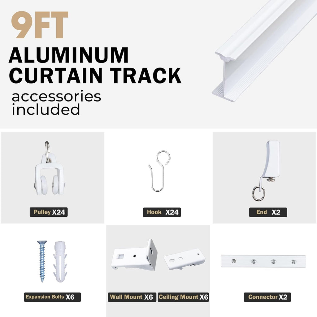 Aluminum Ceiling Curtain Track Set with Hooks Ceiling Mount and Wall Mount Room Divider Sliding Curtain Tracks Rods Flexible Heavy Duty Curtain Rail Hook Sets,White,9FT