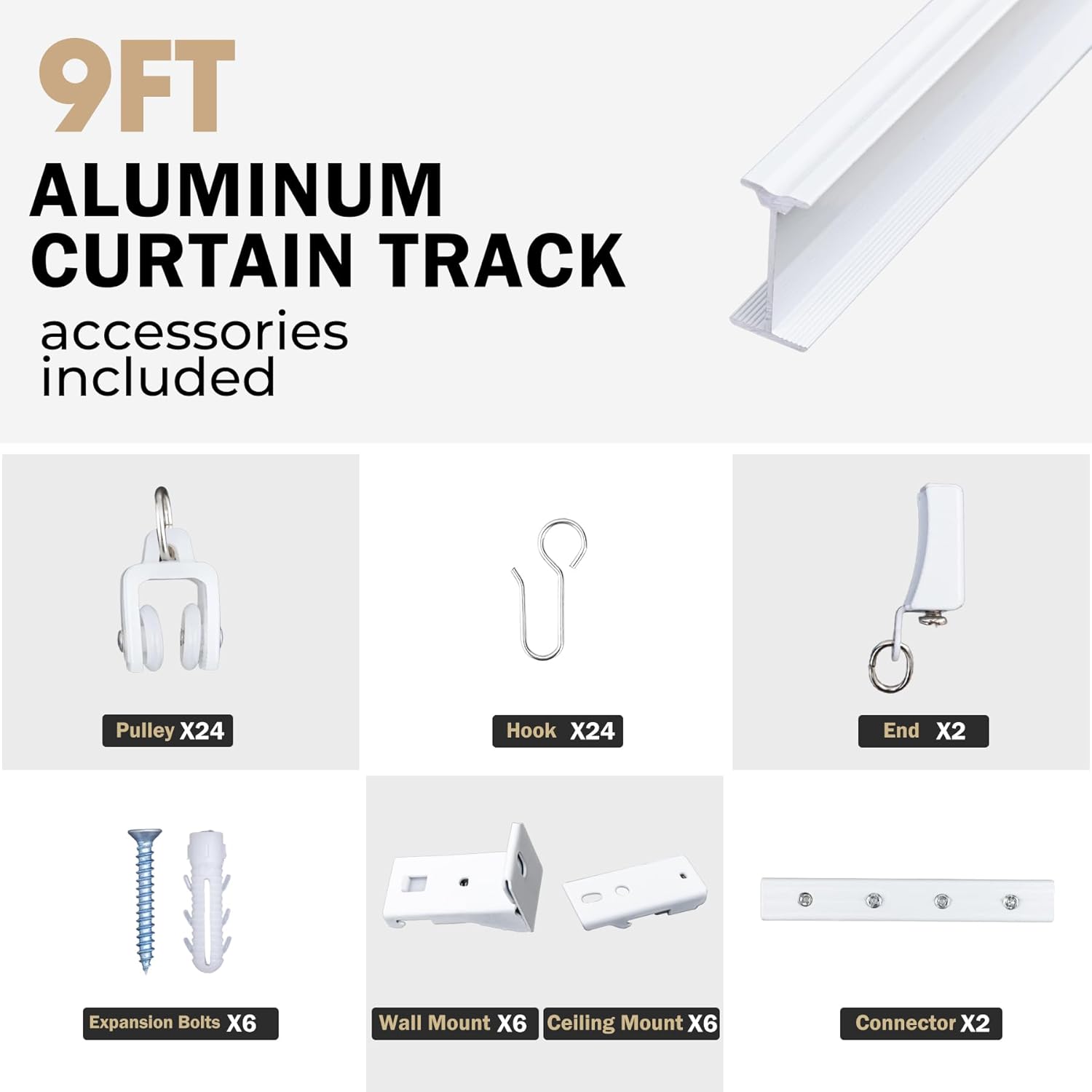 Aluminum Ceiling Curtain Track Set with Hooks Ceiling Mount and Wall Mount Room Divider Sliding Curtain Tracks Rods Flexible Heavy Duty Curtain Rail Hook Sets,White,9FT