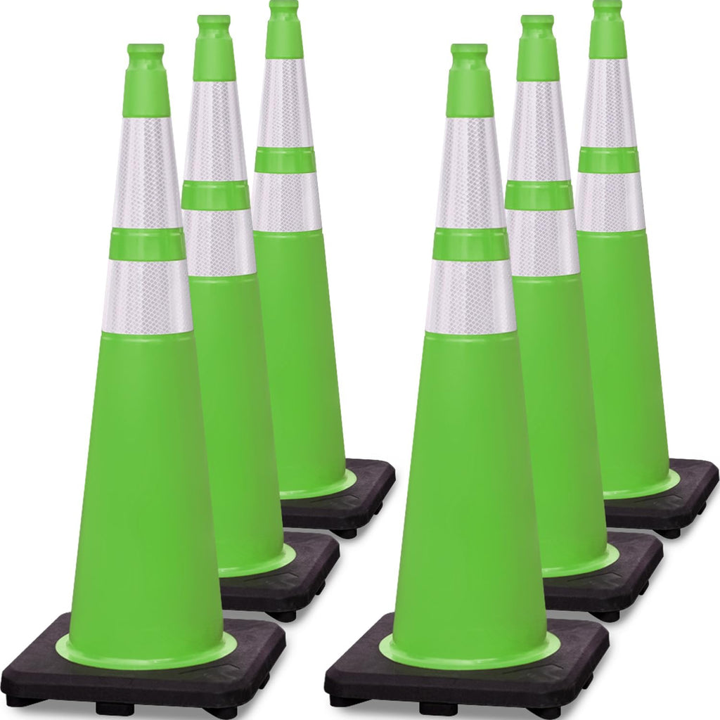 6 Pack 36" Large-Sized PVC Traffic Cones with Heavy-Duty Black Base, Garage Parking Lot Cones Structurally Stable Weatherproof Road Construction Safety Cones (6, Green, 36" Extra Large)