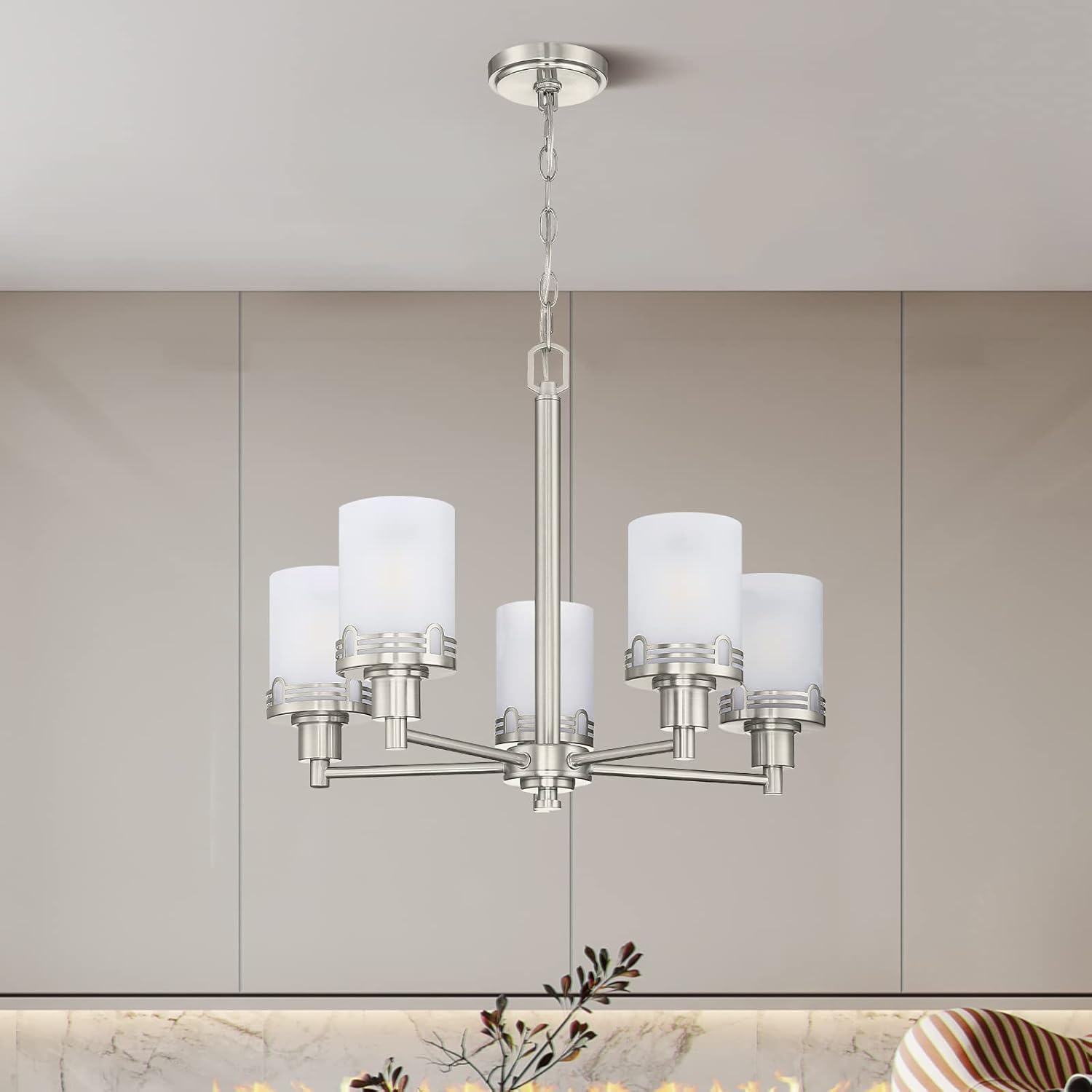 Doraimi Lighting 5 Light Fashion Kitchen Island Frosted Glass Shade+Hollow Metal Shade Chandelier Light Fixture,Brushed Nickel Finish Dining Room Living Room Corridor Bedroom