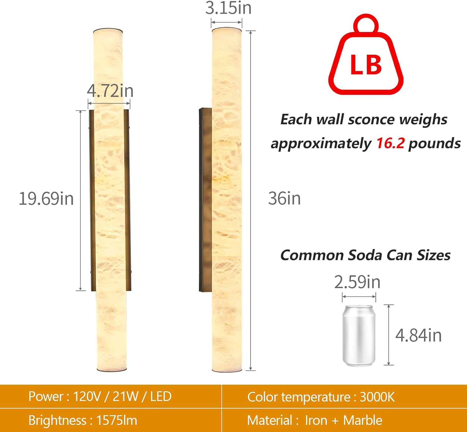 LMQNINE Natural Alabaster Wall Sconces Set of Two Spanish Marble Wall Light Cylinder Modern Black LED Sconce for Living Room Bedroom Bathroo Stairs（L-2Pack）