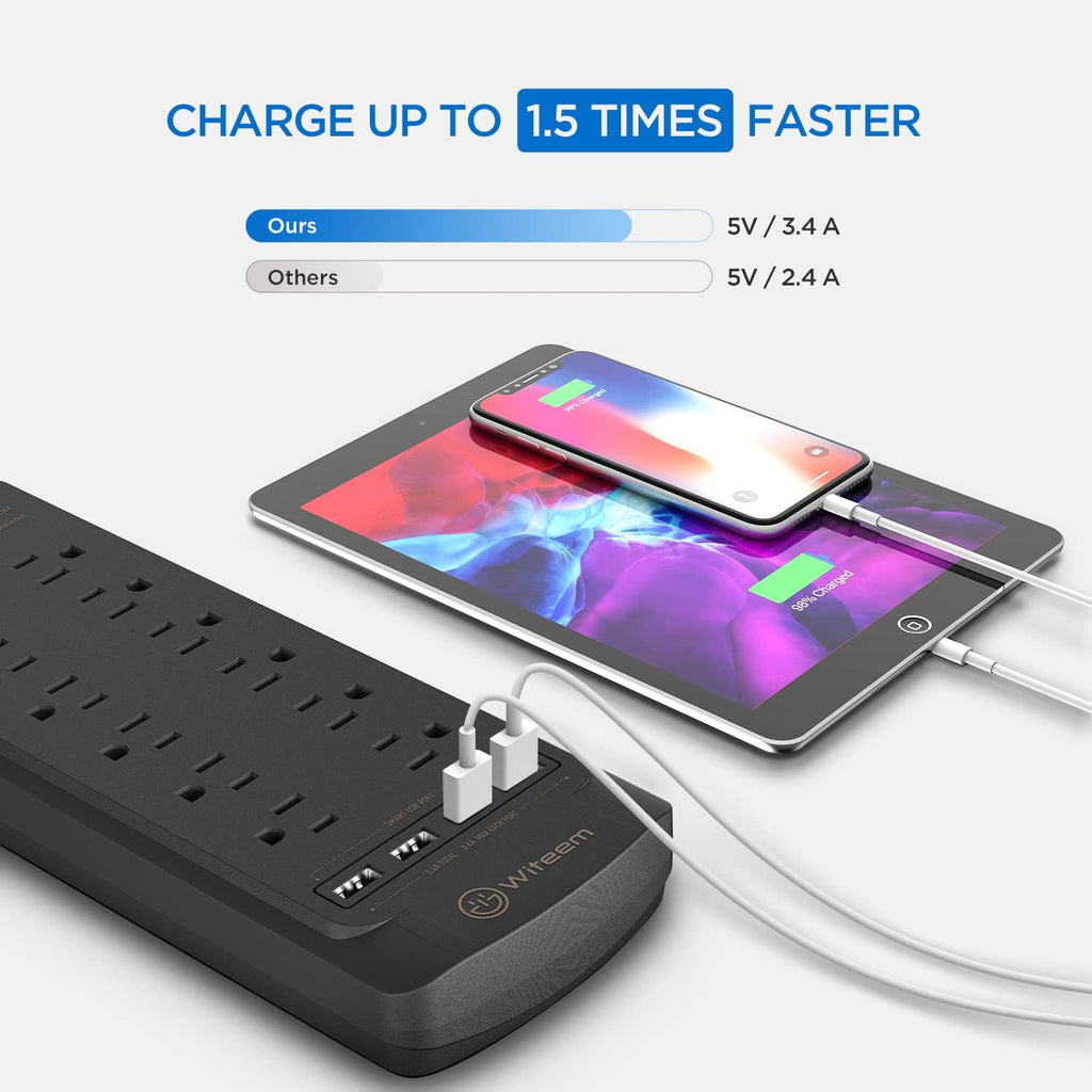 Surge Protector Power Strip - 12 Outlets, 4 USB 3.4A Ports, 6Ft Extension Cord, 1875W/15A, 4360Joules, Wall Mountable, Overload Protection - Ideal for Home & Office Use (Black-3.4A)